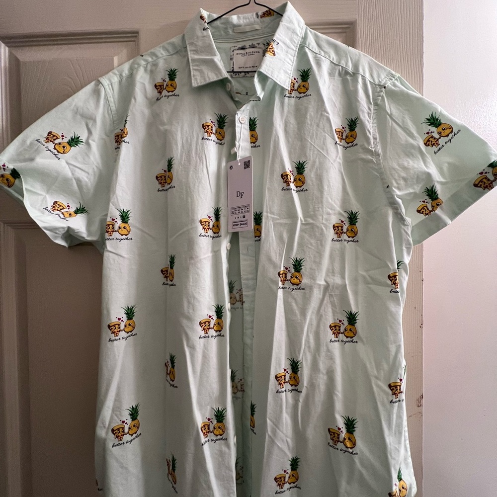 Men's Green pizza Pineapple Print Shirt short sleeve xl